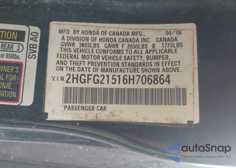 2006 Honda Civic Si Si/Si (M6)/W/Navi St из США, поврежденный, VIN 2HGFG21516H706864